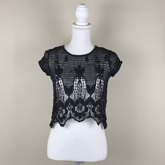 Monteau Other - MONTEAU | Crochet Lace Crop Black Top Short Sleeve